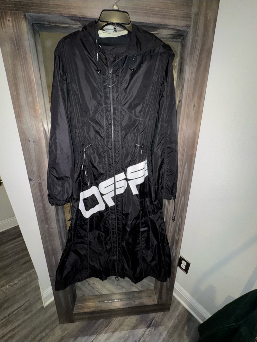 Off-White Black Hooded Trench Coat with White Graphic